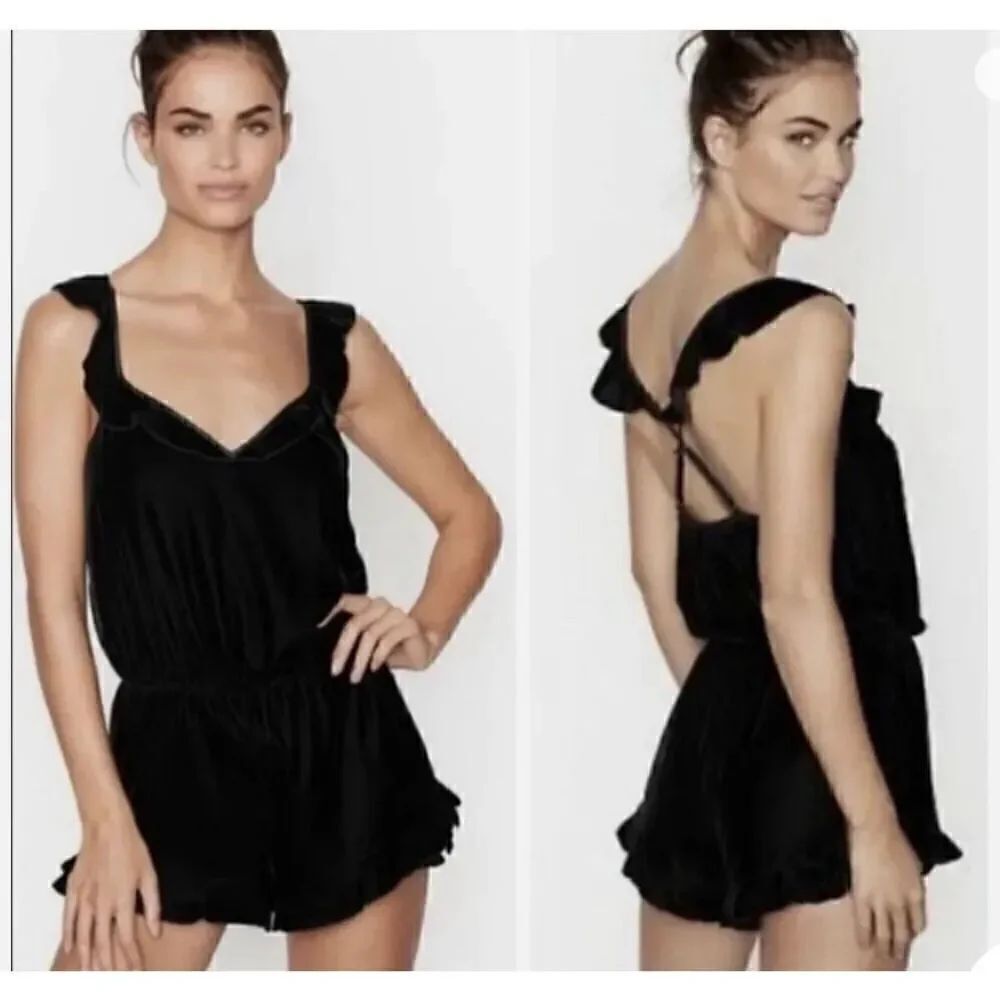Victoria's Secret Black Velvet Ruffle Romper Sweetheart Neckline Size Medium